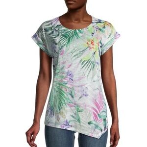 🌹Time and Tru - Tropical Print Embellished Short Sleeve Top - Size 3X